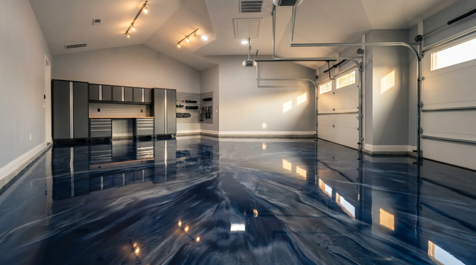A finished navy metallic epoxy garage floor with a high-gloss, mirror-like finish