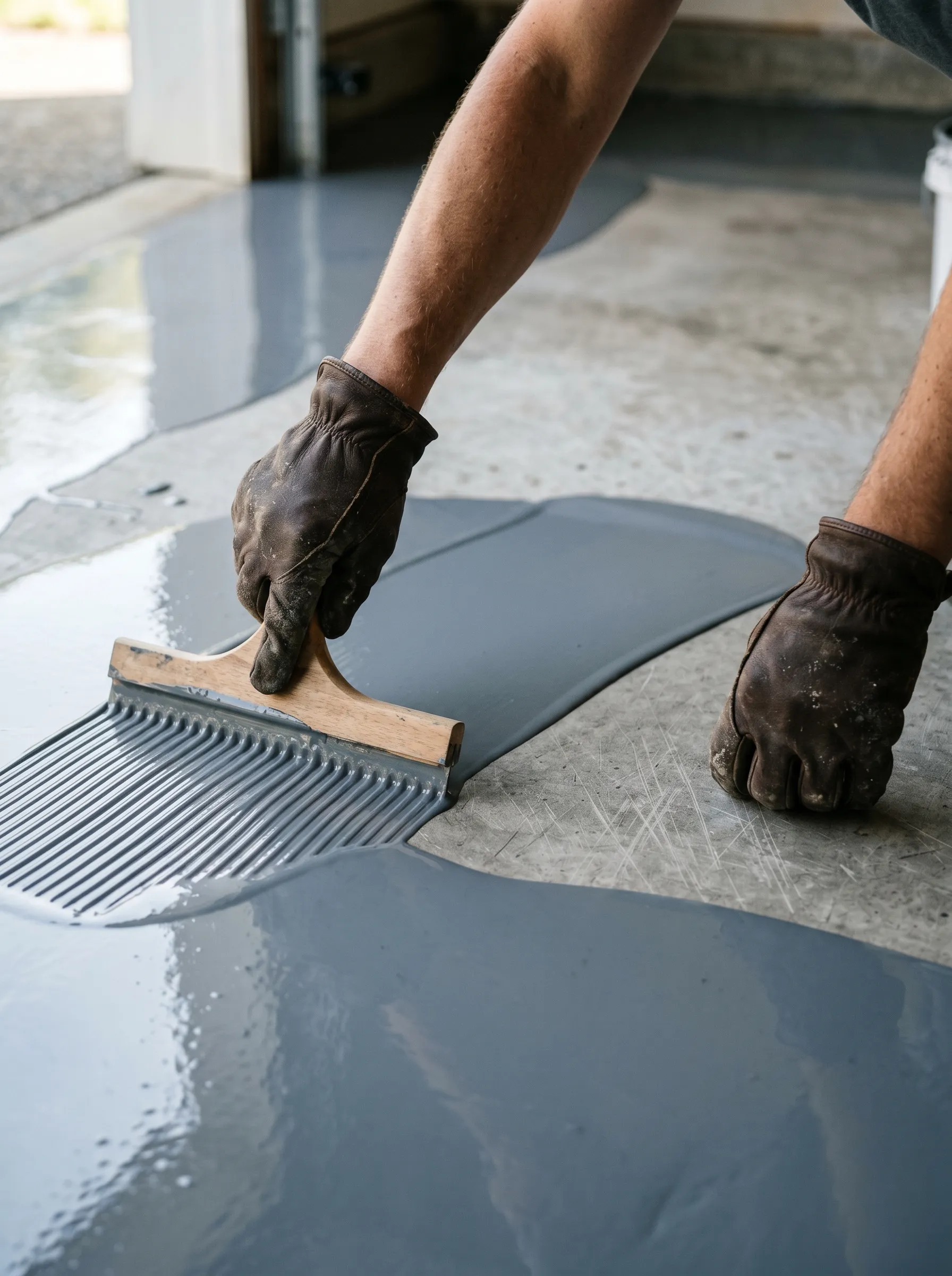 A Hillman Epoxy installer spreading fresh epoxy across a freshly ground garage floor with a squeegee