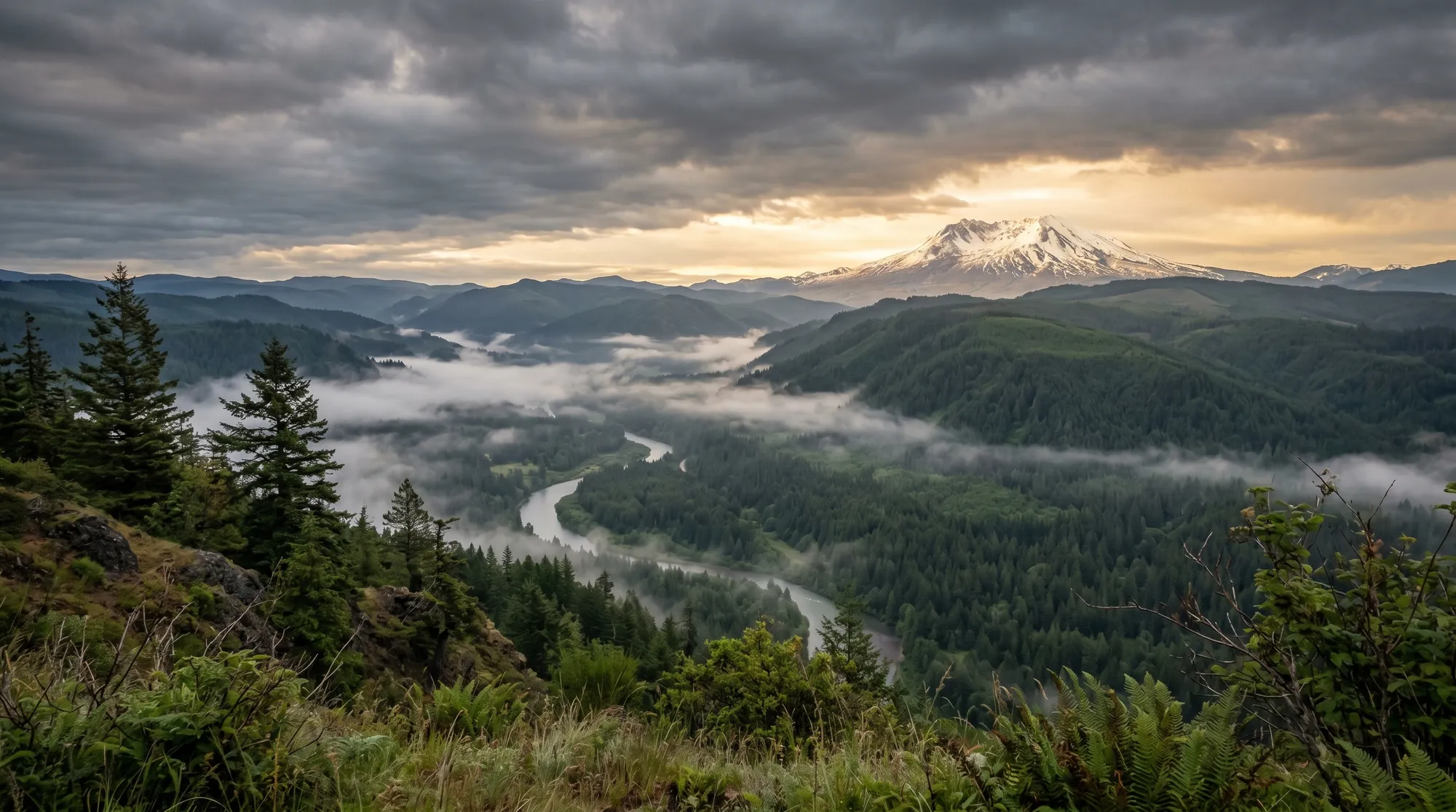 Southwest Washington evergreen forest and river valley with Mount St. Helens in the distance