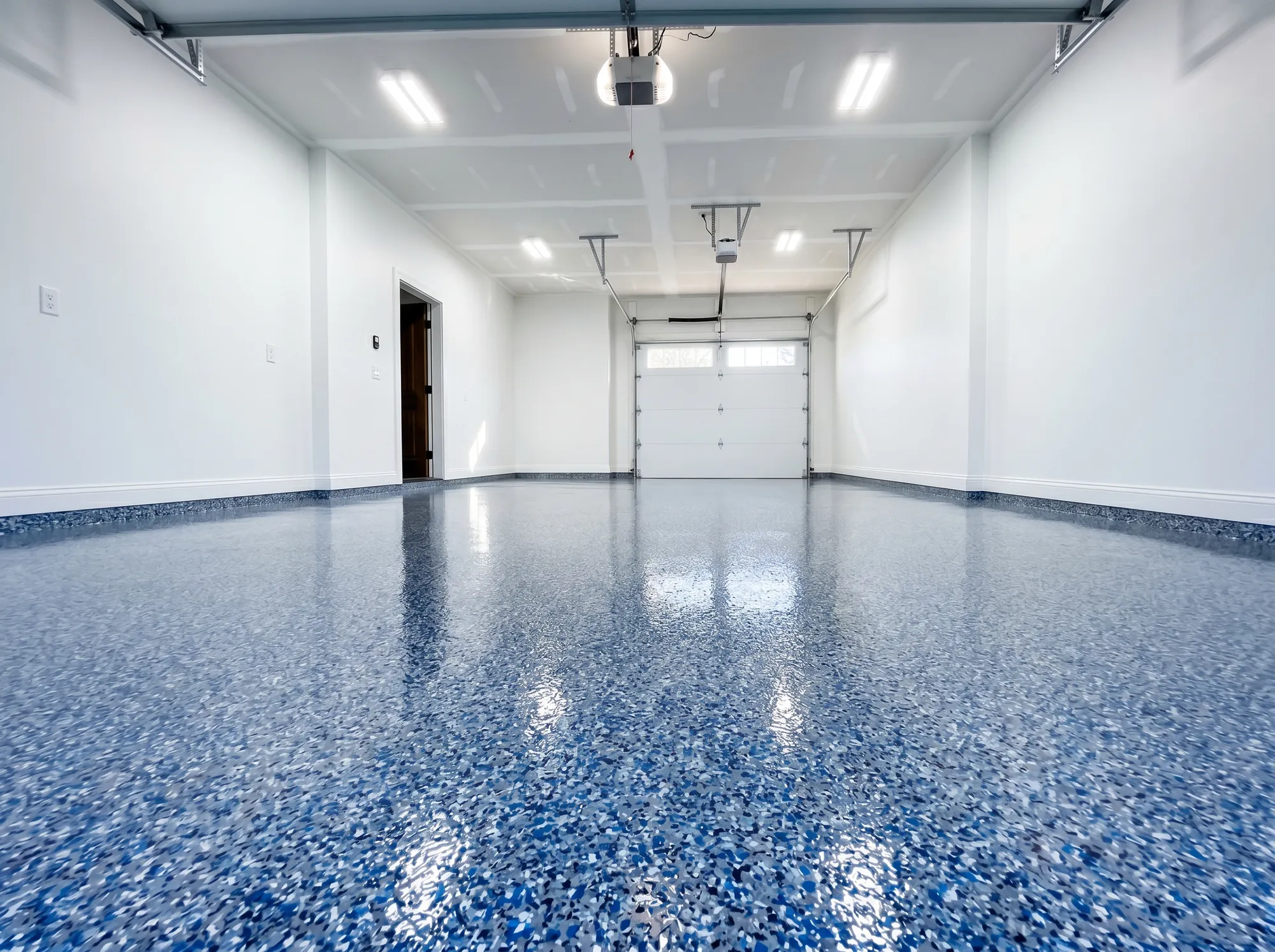 Finished blue flake epoxy garage floor