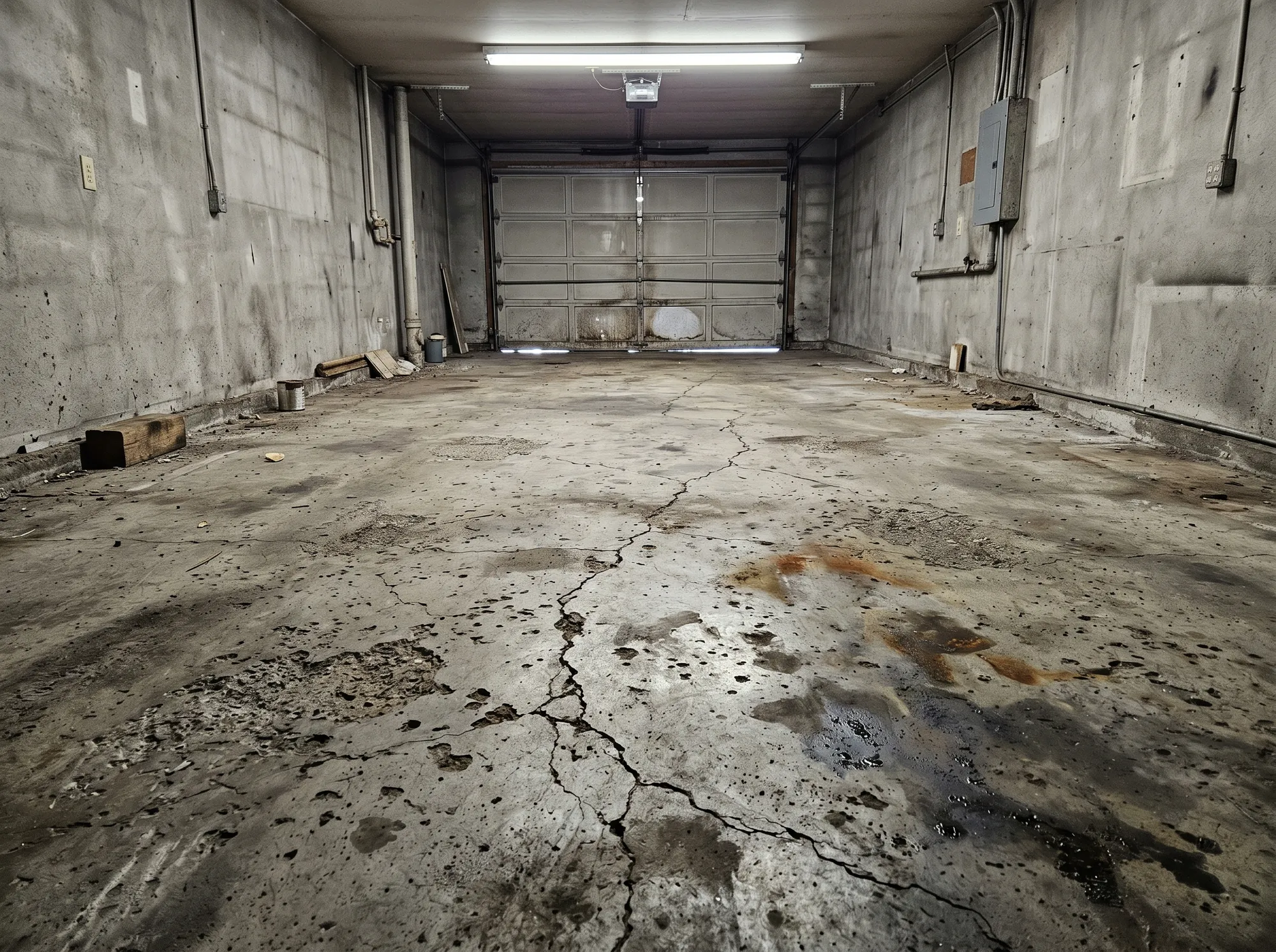 Cracked, oil-stained bare concrete garage floor