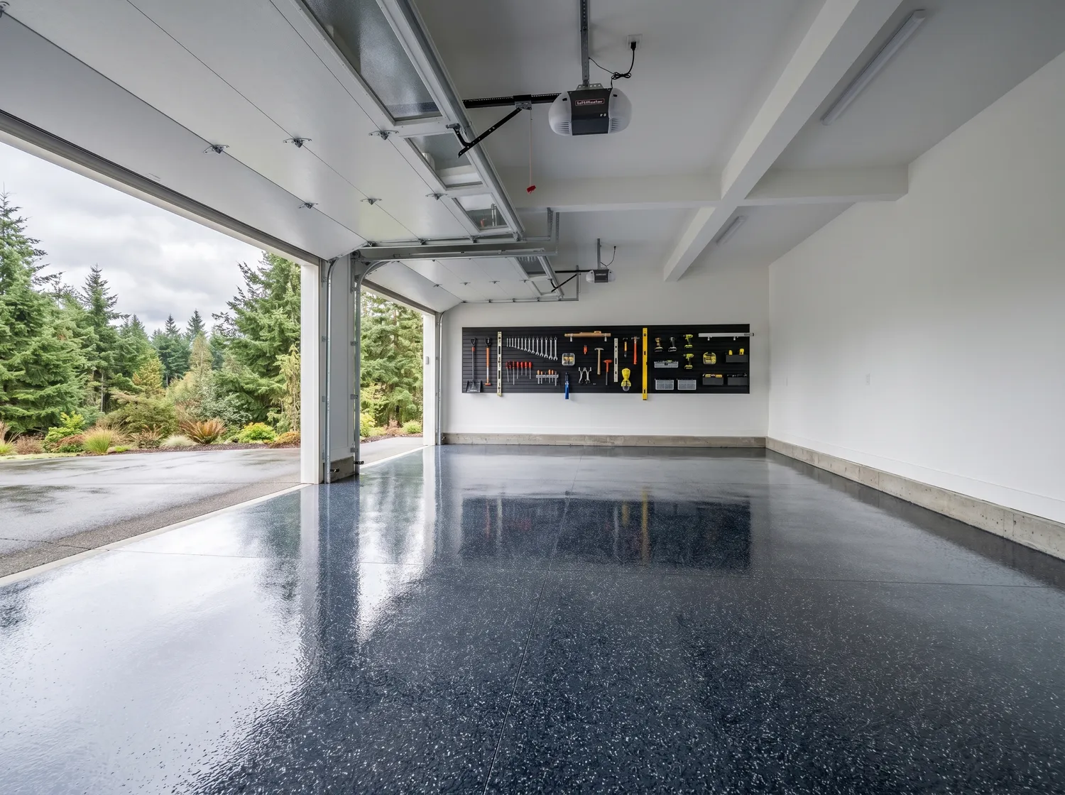 A finished high-gloss navy flake epoxy floor in a clean, empty Pacific Northwest garage