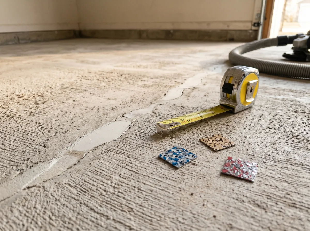 A freshly diamond-ground concrete floor with patched cracks, a tape measure and epoxy flake samples laid on the slab