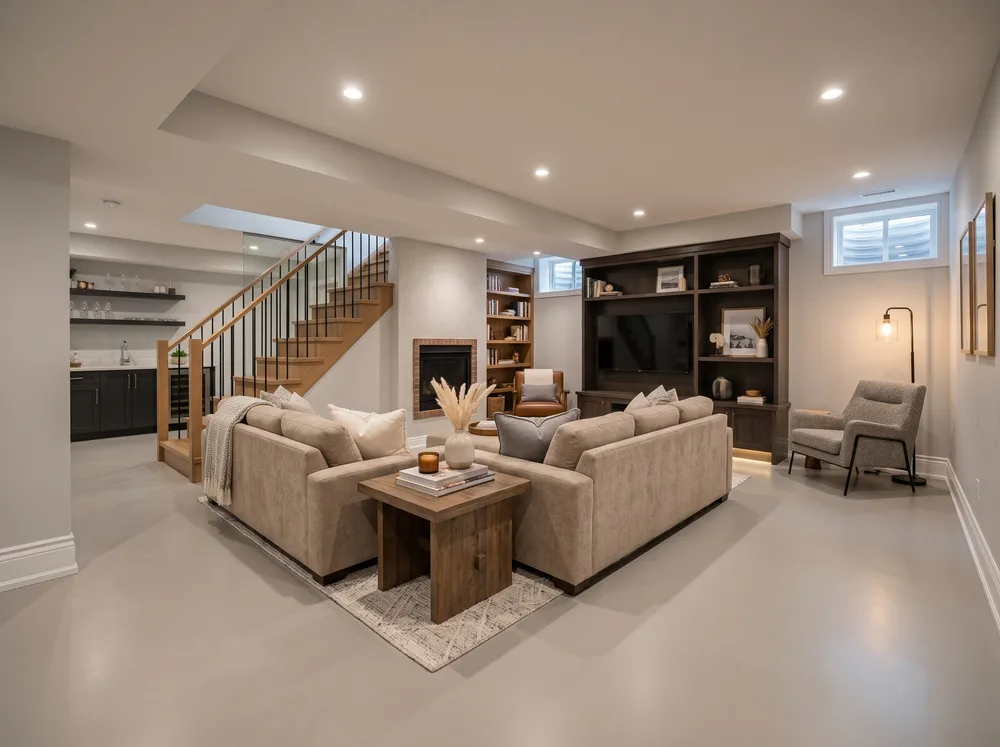 Finished basement with a satin epoxy floor