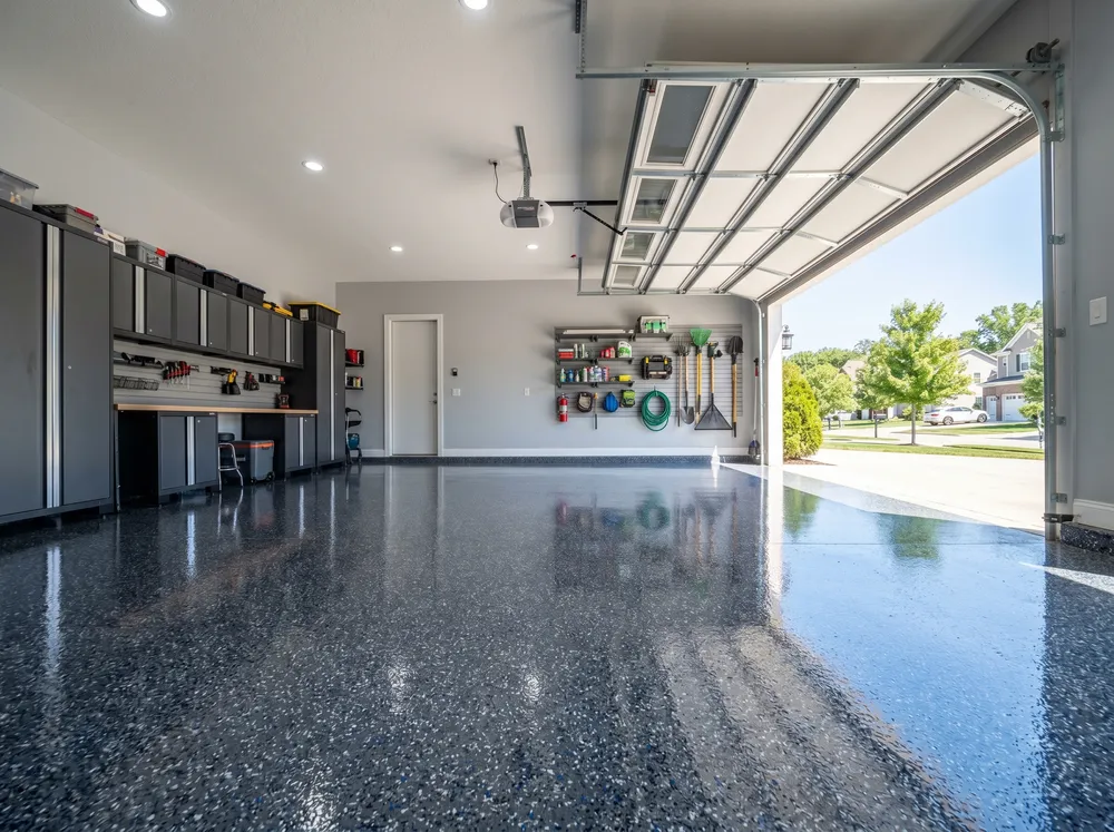 Finished blue flake epoxy garage floor