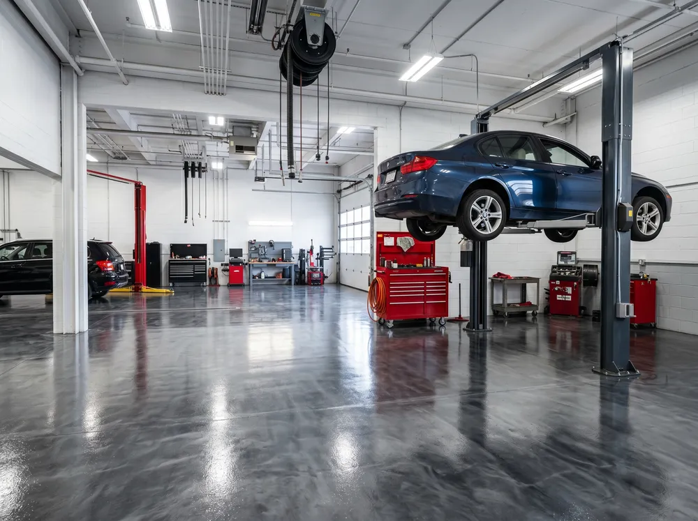 Auto shop with a metallic-grey epoxy floor