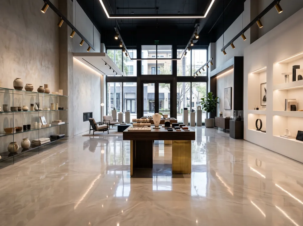 Retail showroom with a glossy decorative epoxy floor