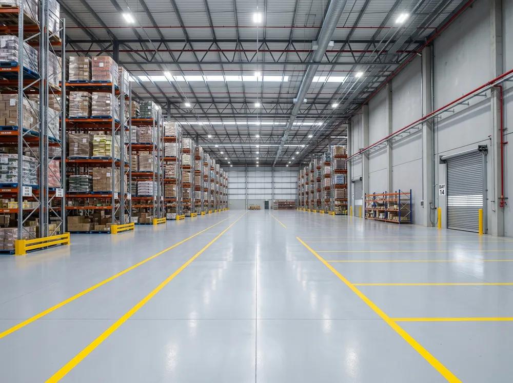Warehouse with a light-grey epoxy floor and lane striping